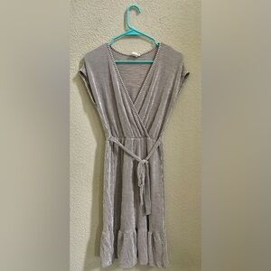 White and Brown Striped Tie Waist Midi Dress